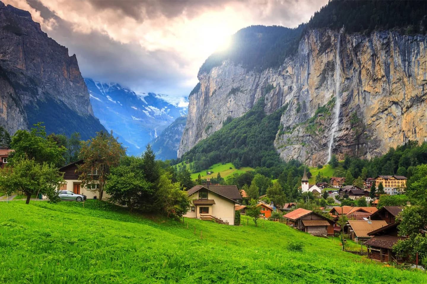 Lauterbrunnen Village and Two Waterfalls